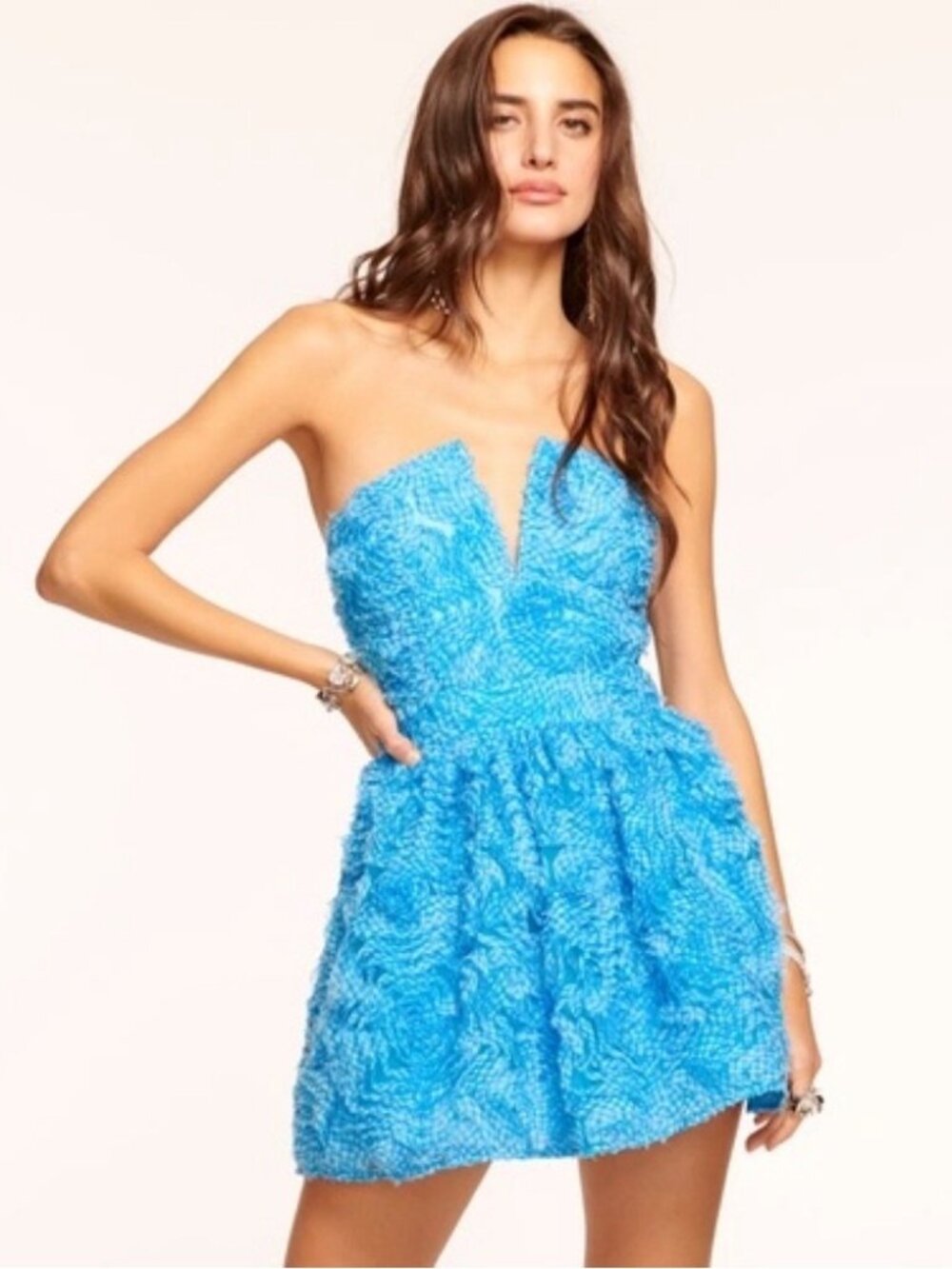 Ramy Brook Dees Lake Gingham Blue Strapless Bubble Mini Dress 6 NWT